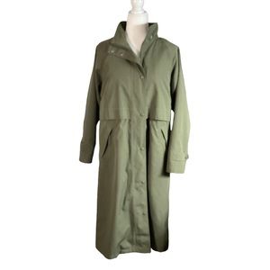 L L Bean Army Green Full Zip Snap Front Long Removable Lined Trench Coat Size MP